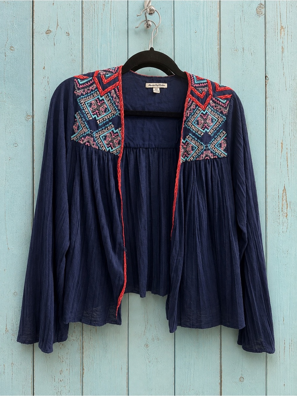 Navy Embroidered Boho Open-Front Jacket Cardigan Size M